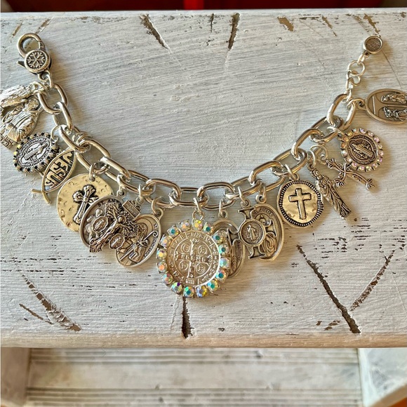 Charm Bracelet St Benedict, Saints & Crosses Silver Tone Catholic Charm Bracelet - Picture 9 of 12